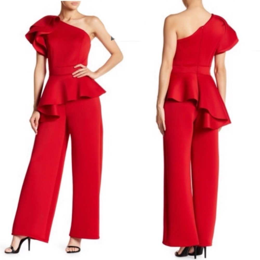 Red and black 🖤❤️color ruffle one shoulder flounce jumpsuit jumper - Picture 1 of 6